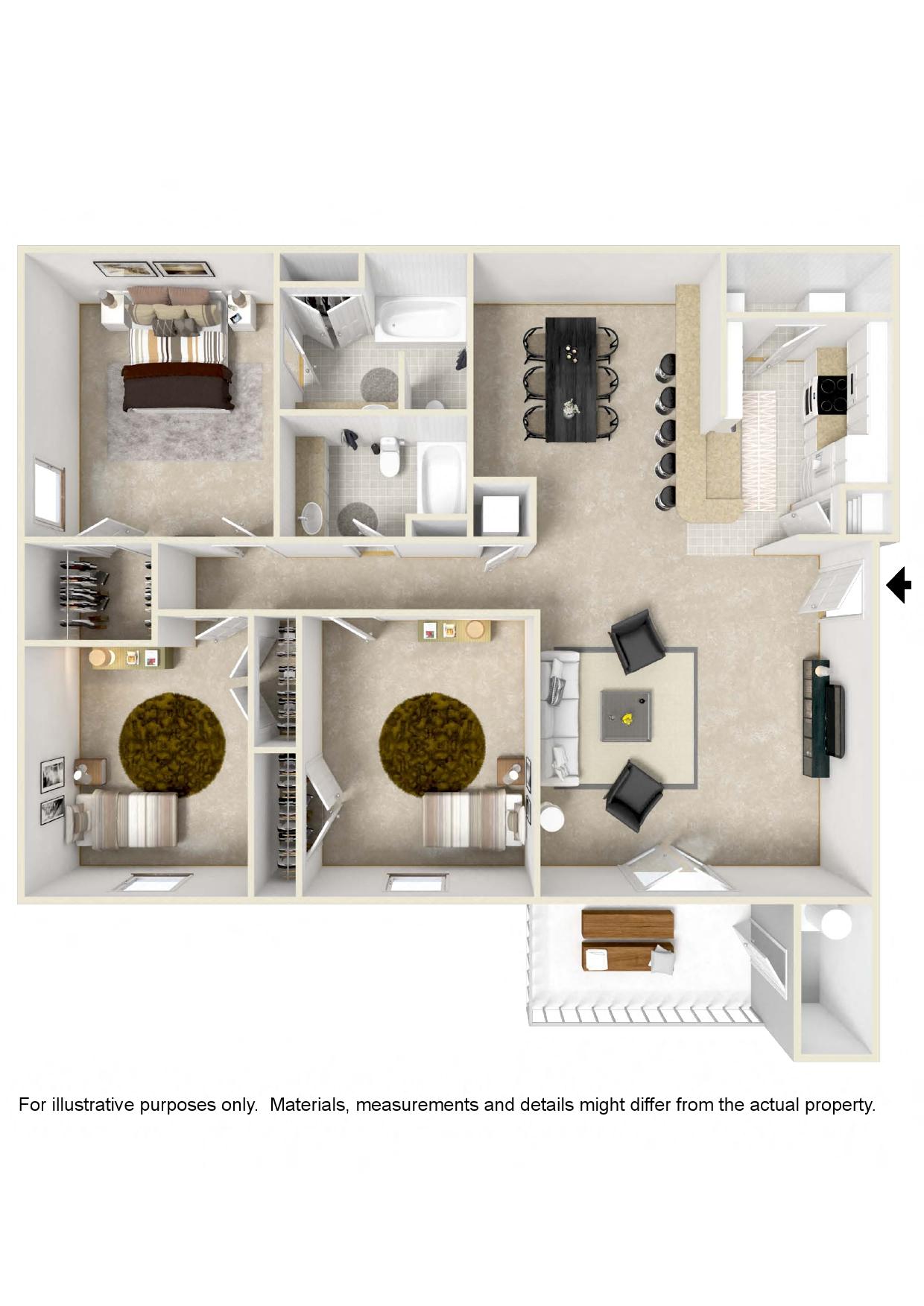 Floor plan for 3 beds, 2 baths, 1408 sqft